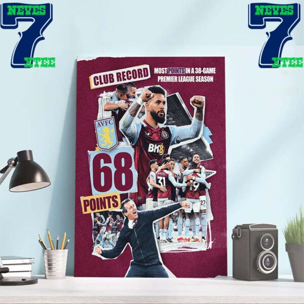 Aston Villa Most Points In A 38-Game Premier League Season Club Record With 68 Points Home Decor Wall Art Poster Canvas