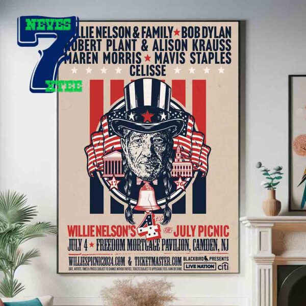 Willie Nelson 2024 4th Of July Picnic At Freedom Mortgage Pavilion Camden NJ Home Decor Poster Canvas